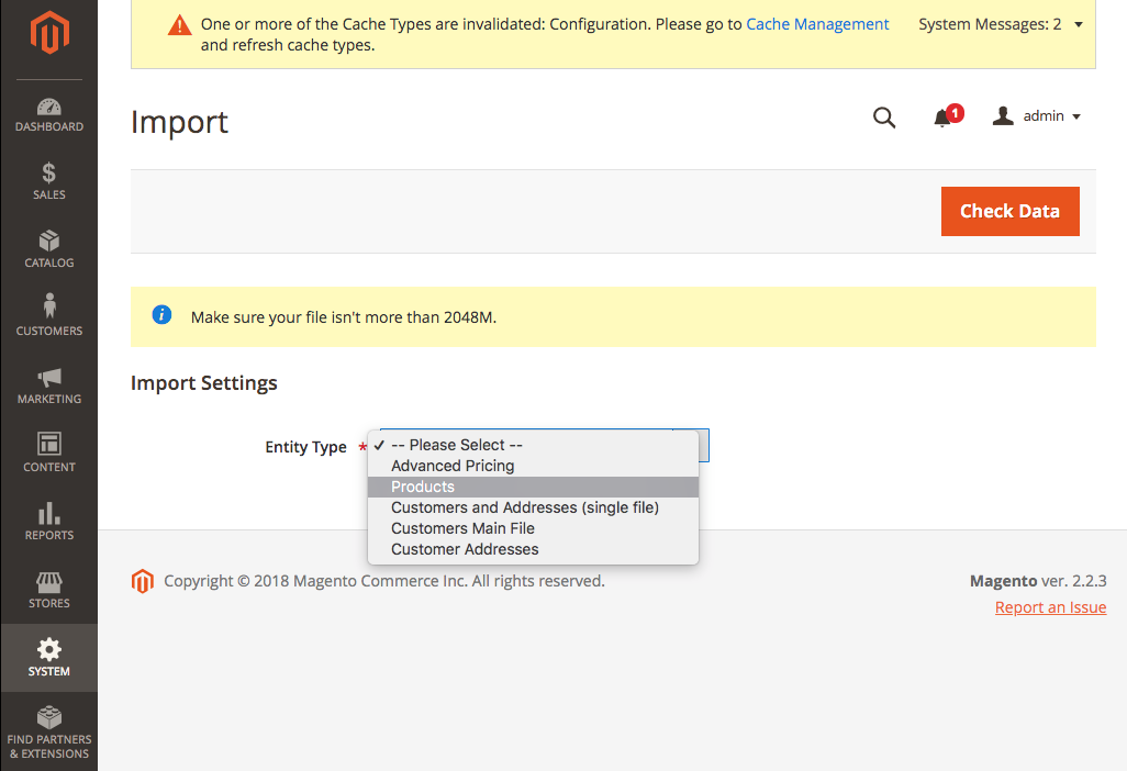 Import Entity Type Selector