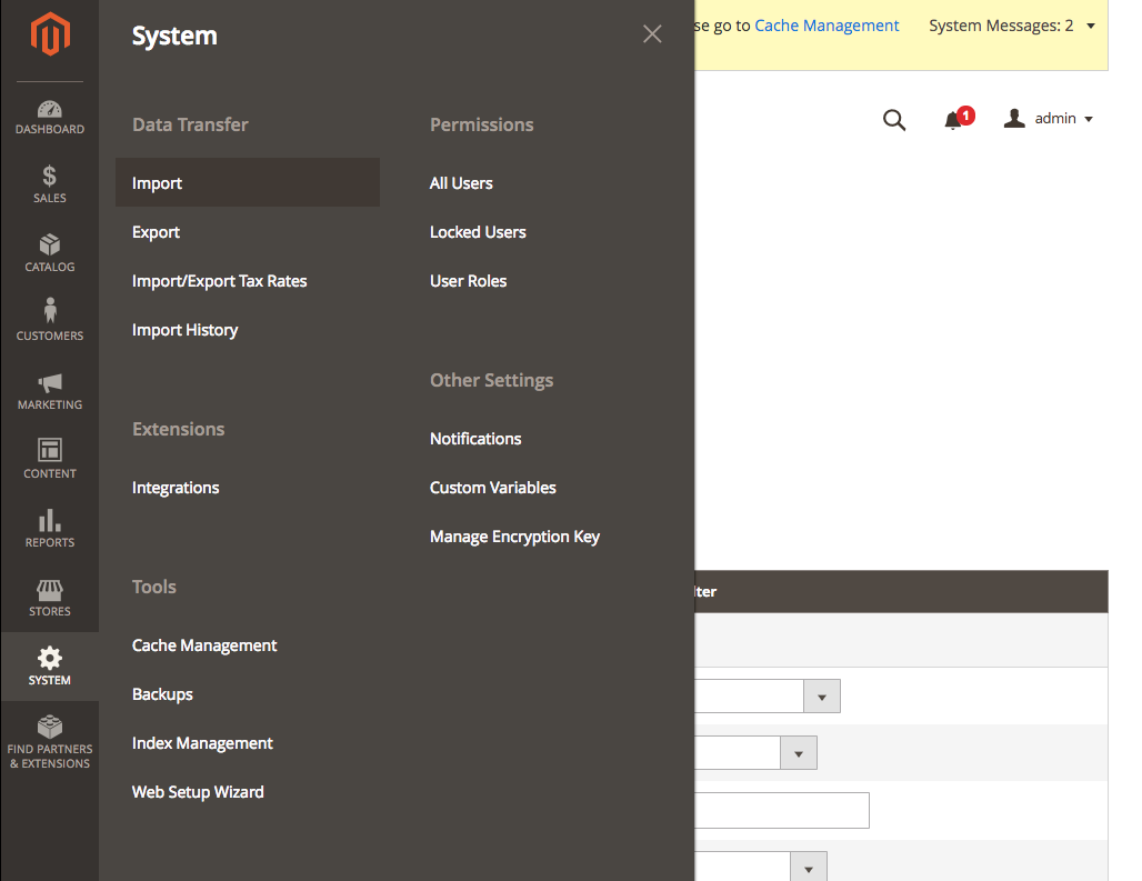 System Export Menu